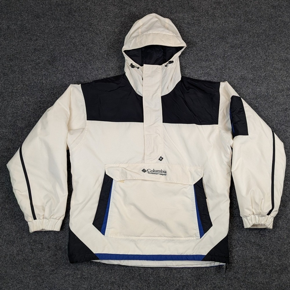 Columbia Mens Anorak Jacket White Black Blue Colorblock Hooded Pullover M MM5120